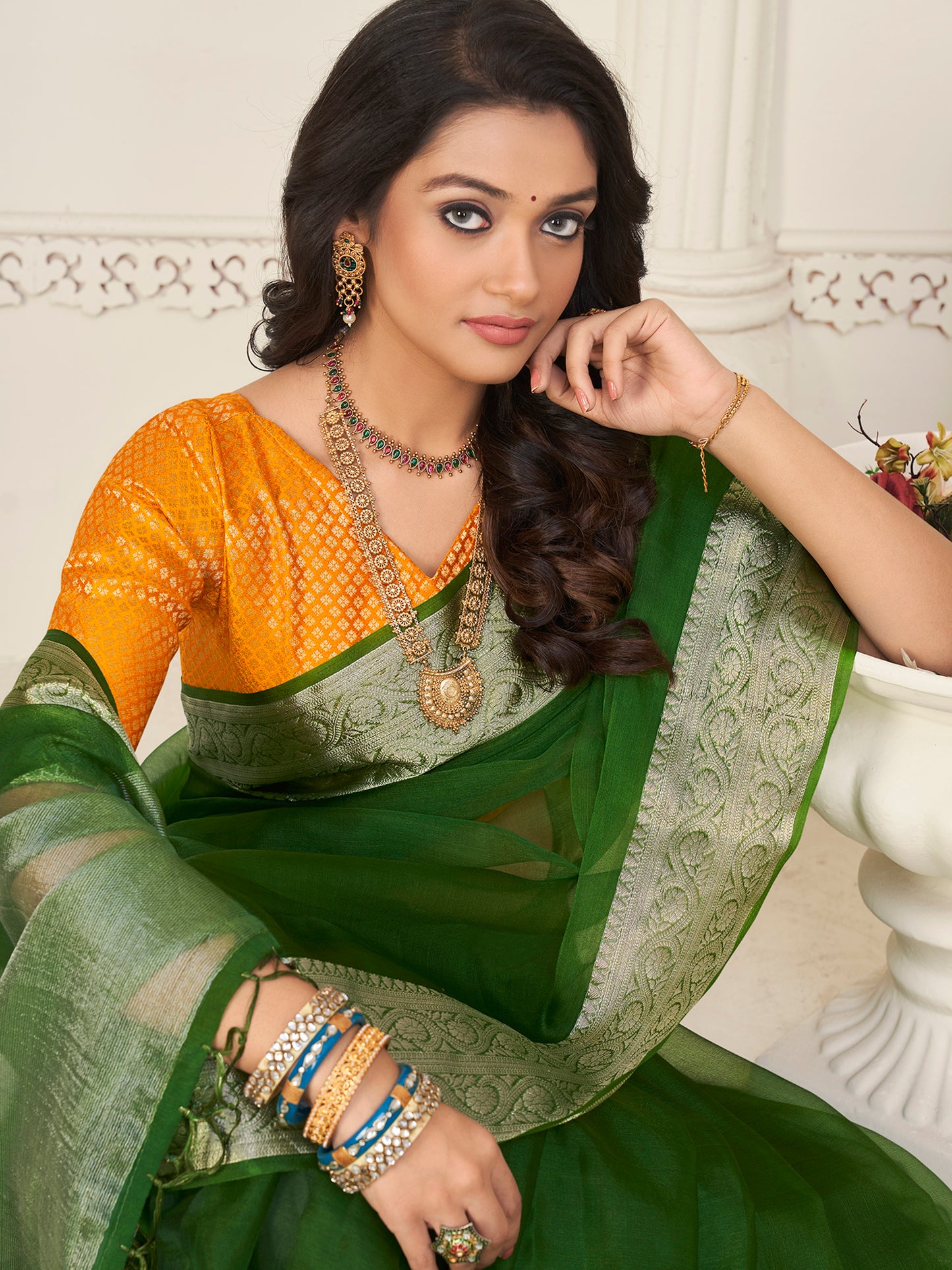 Women's Organza Green Woven Design Designer Saree With Blouse Piece