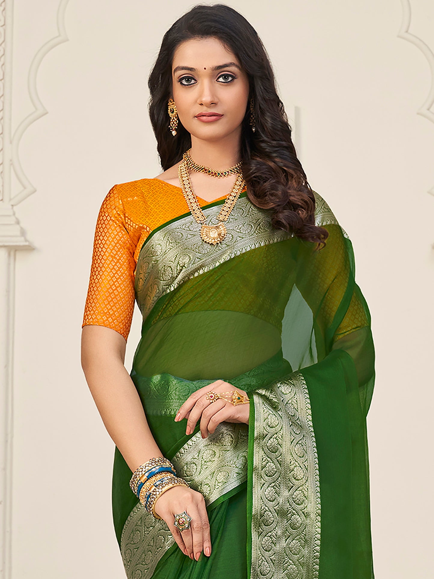 Women's Organza Green Woven Design Designer Saree With Blouse Piece