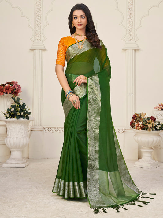 Women's Organza Green Woven Design Designer Saree With Blouse Piece