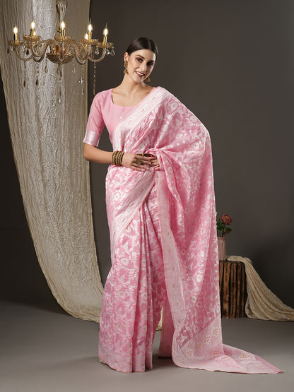 Women's Cotton Silk Pink Woven Design Designer Saree With Blouse Piece
