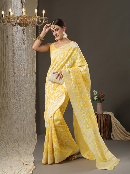 Women's Cotton Silk Yellow Woven Design Designer Saree With Blouse Piece
