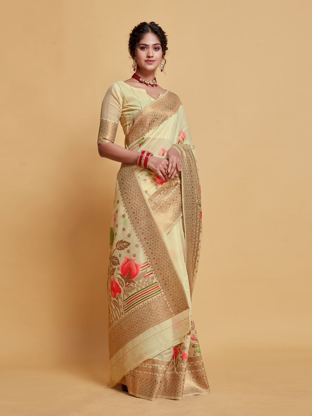 Dhiyona GR Women's Gulabo Almond Beige Woven Jamewar Kashmiri Modal Silk Saree