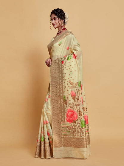 Dhiyona GR Women's Gulabo Almond Beige Woven Jamewar Kashmiri Modal Silk Saree