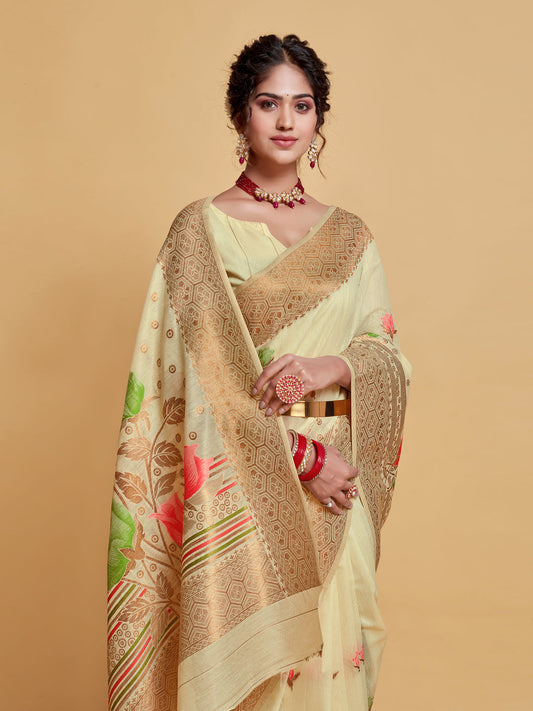Dhiyona GR Women's Gulabo Almond Beige Woven Jamewar Kashmiri Modal Silk Saree