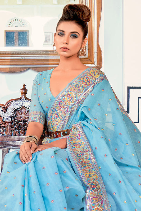 Dhiyona GR Women's Zoya Vivid Sky Blue Pashmina Modal Silk Saree