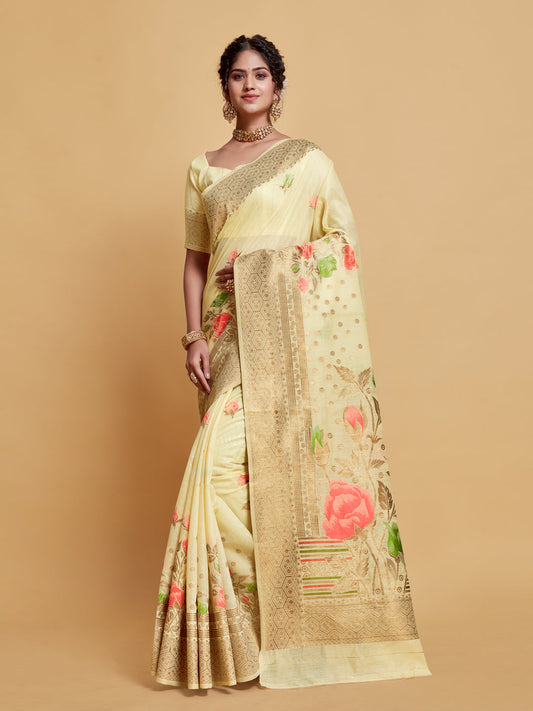 Dhiyona GR Women's Gulabo Cream White Woven Jamewar Kashmiri Modal Silk Saree
