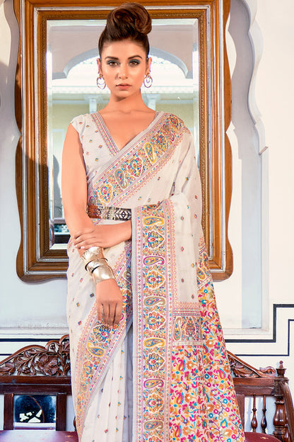 Dhiyona GR Women's Zoya Rice White Pashmina Modal Silk Saree