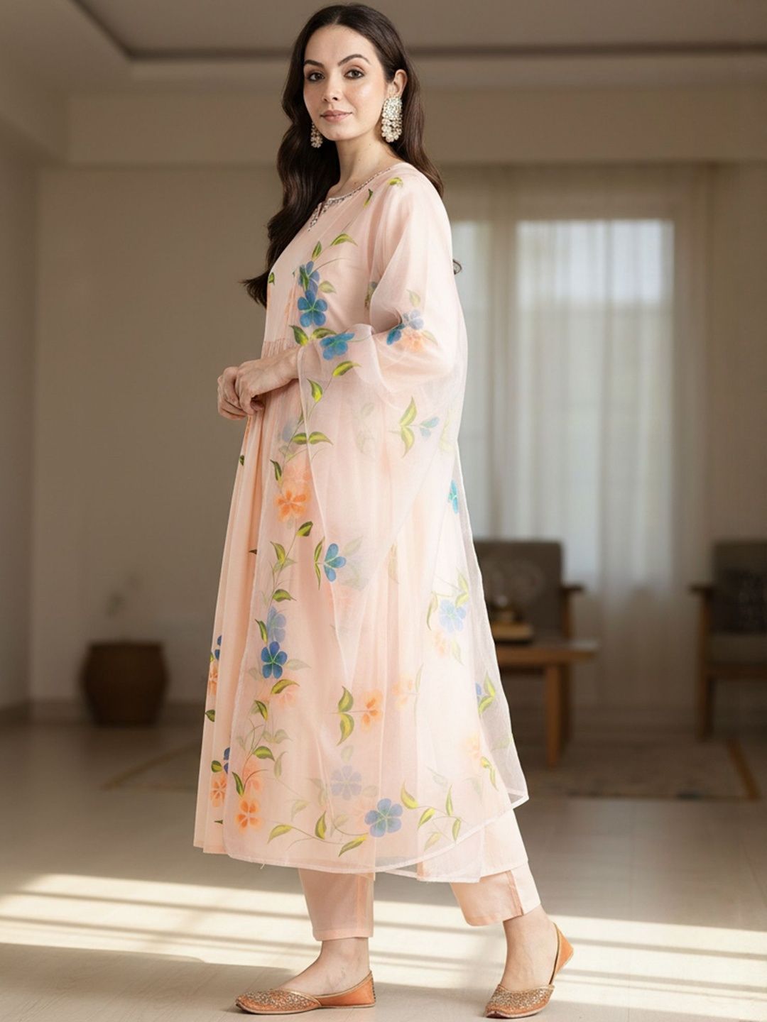 Floral Printed V-Neck Empire Pure Cotton A-Line Kurta With Trousers & Dupatta