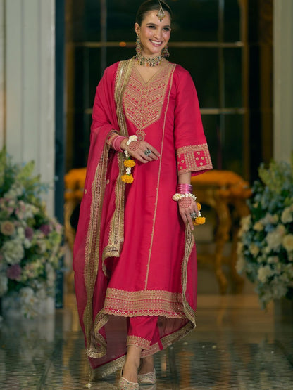 Women Ethnic Motifs Embroidered V-Neck A-Line Kurta with Trousers & Dupatta