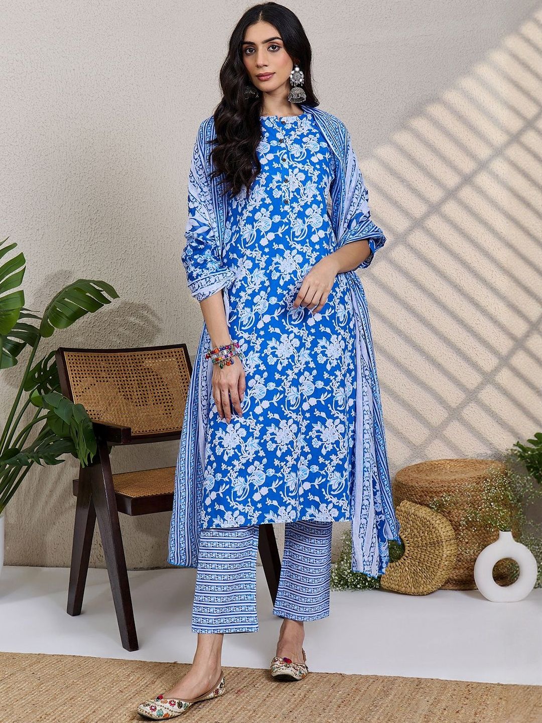 Dhiyona IE Women Floral Printed Regular Pure Cotton Kurta with Trousers & With Dupatta