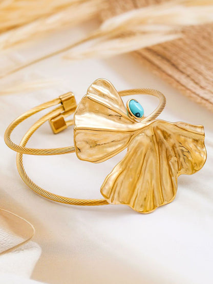Dhiyona RJ Women's 22K Gold-Plated Free Size Leaf Design Cuff Bracelet with Turquoise Accent