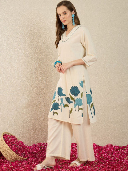 Dhiyona IE Printed V-Neck Three-Quarter Sleeves Pure Cotton Tunic And Trousers