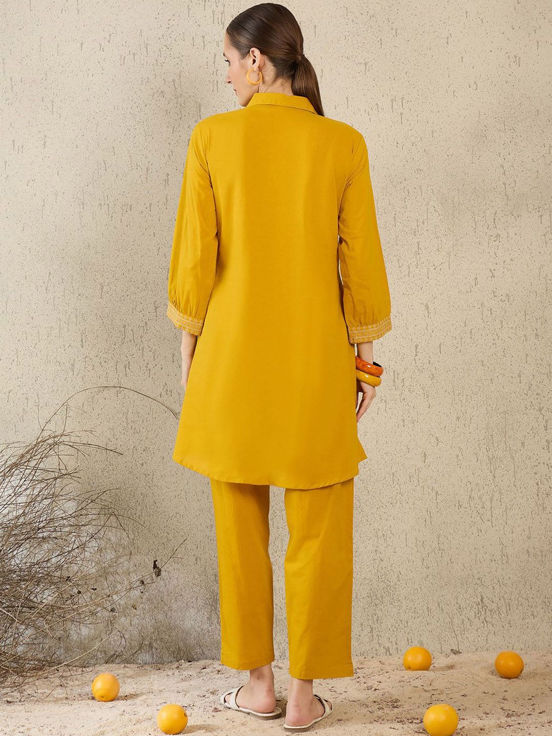 Dhiyona IE Women Embroidered Shirt Collar Cotton Top and Trousers Co-Ords