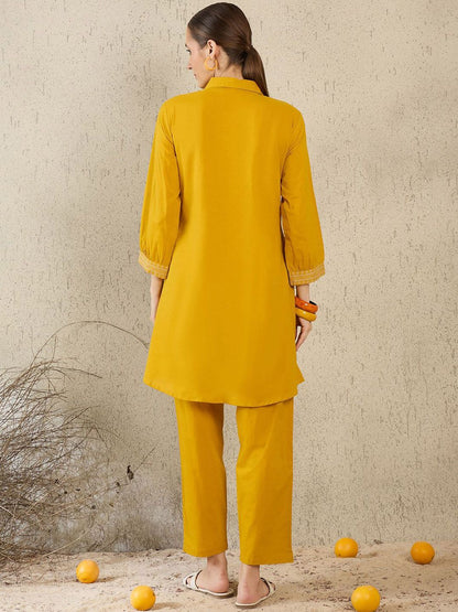 Dhiyona IE Women Embroidered Shirt Collar Cotton Top and Trousers Co-Ords