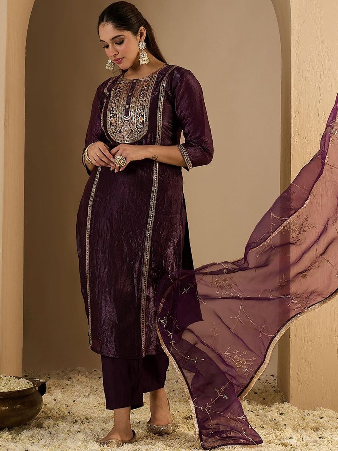 Women Ethnic Motifs Embroidered Regular Kurta with Trousers & With Dupatta