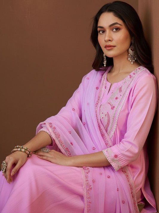 Dhiyona CH Women Floral Embroidered Regular Sequinned Kurta with Trousers & With Dupatta