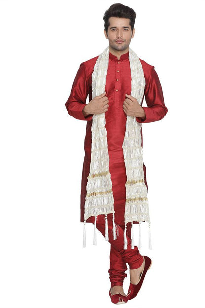 Men's Maroon Silk Blend Straight Kurta  Pyjama & Dupatta Set