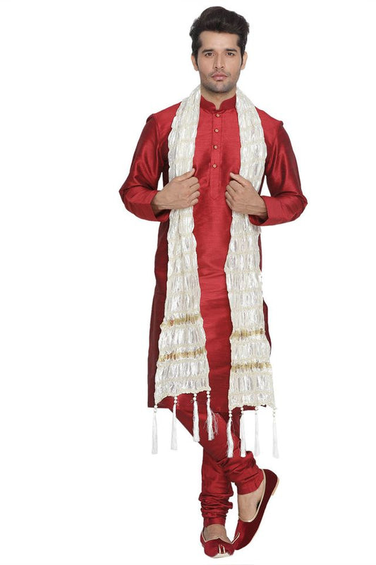 Men's Maroon Silk Blend Straight Kurta  Pyjama & Dupatta Set