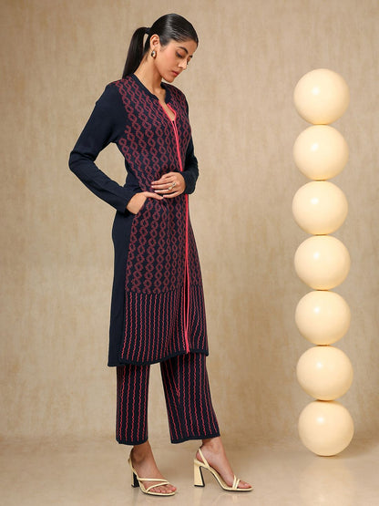 Dhiyona SO Women's Navy Blue Geometric Woven Design Mandarin Collar Acrylic Straight Kurta With Trouser