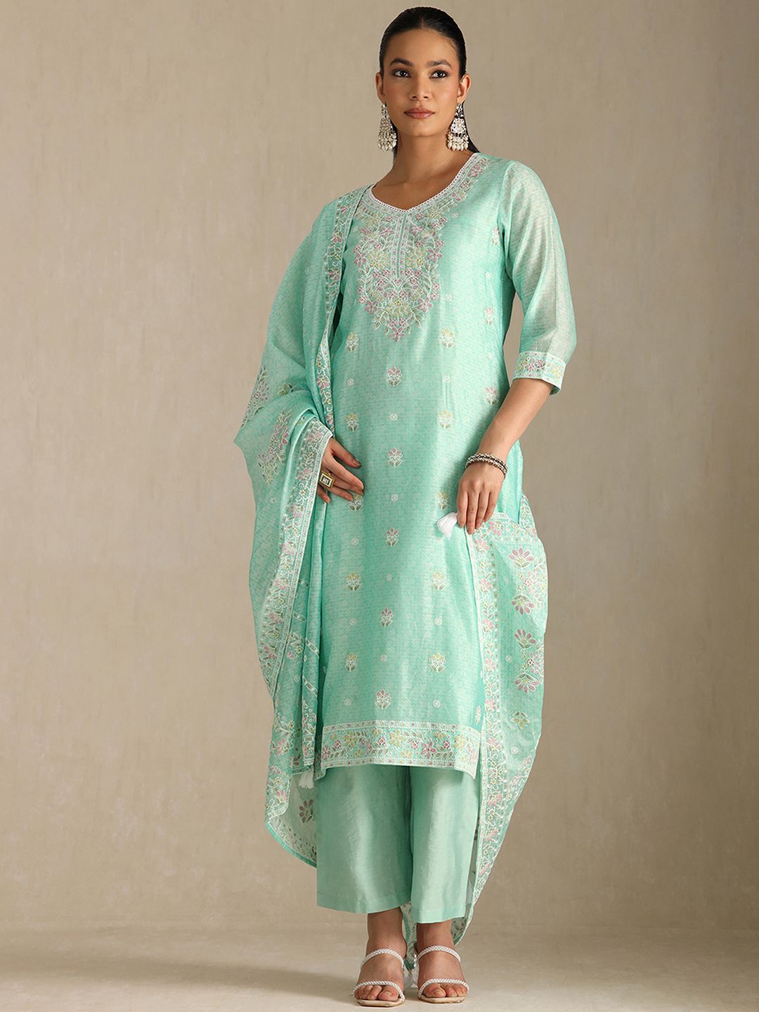 Dhiyona SO Women's Women Printed Regular Thread Work Chanderi Cotton Kurta with Palazzos & With Dupatta