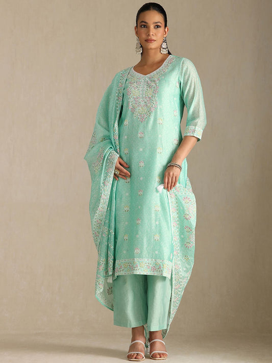 Dhiyona SO Women's Women Printed Regular Thread Work Chanderi Cotton Kurta with Palazzos & With Dupatta