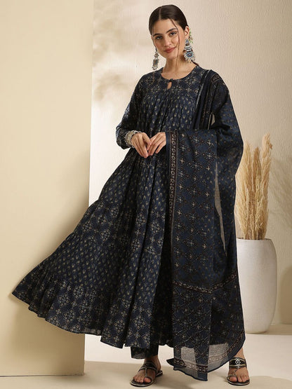 Dhiyona SN Women's Floral Printed Pure Cotton Key Hole-Neck Anarkali Kurta With Trouser & Dupatta