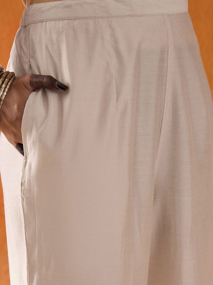Dhiyona IE Off White Ethnic Motifs Embroidered Panelled Zari Kurta With Trousers & Dupatta