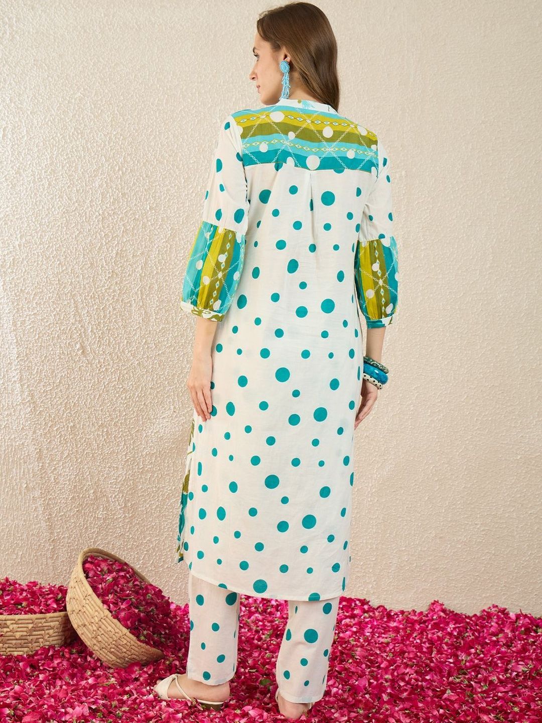 Dhiyona IE Printed Mandarin Collar Three-Quarter Sleeves Pure Cotton Tunic And Trousers