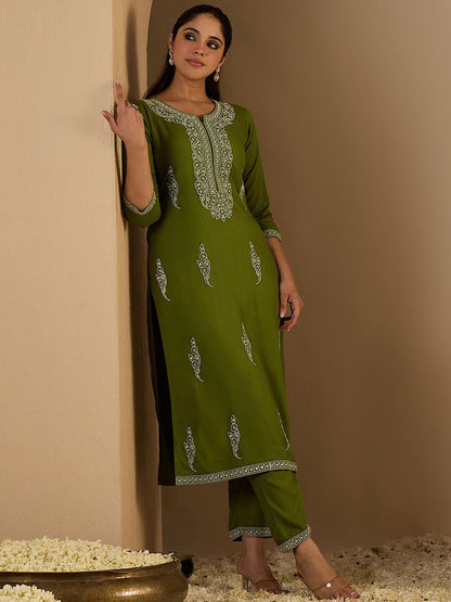 Dhiyona IE Women Embroidered Round Neck Straight Co-Ords Set