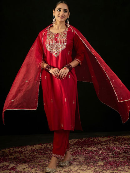 Women Ethnic Motifs Embroidered Regular Sequinned Liva Kurta with Trousers & With Dupatta