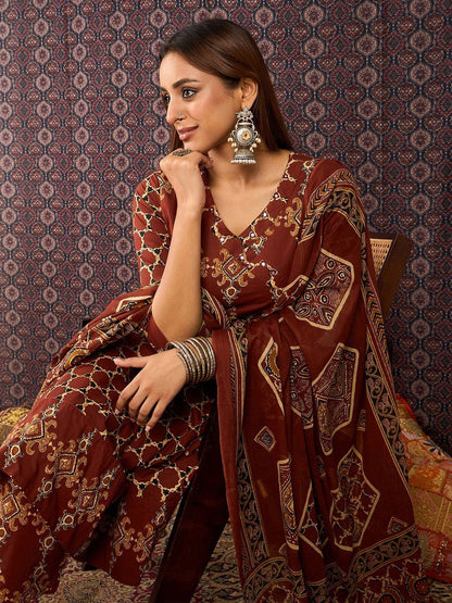 Women Ethnic Motifs Printed Regular Pure Cotton Kurta Trousers With Dupatta