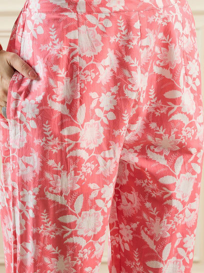 Dhiyona IE Floral Printed V-Neck Pure Cotton Tunic With Trouser