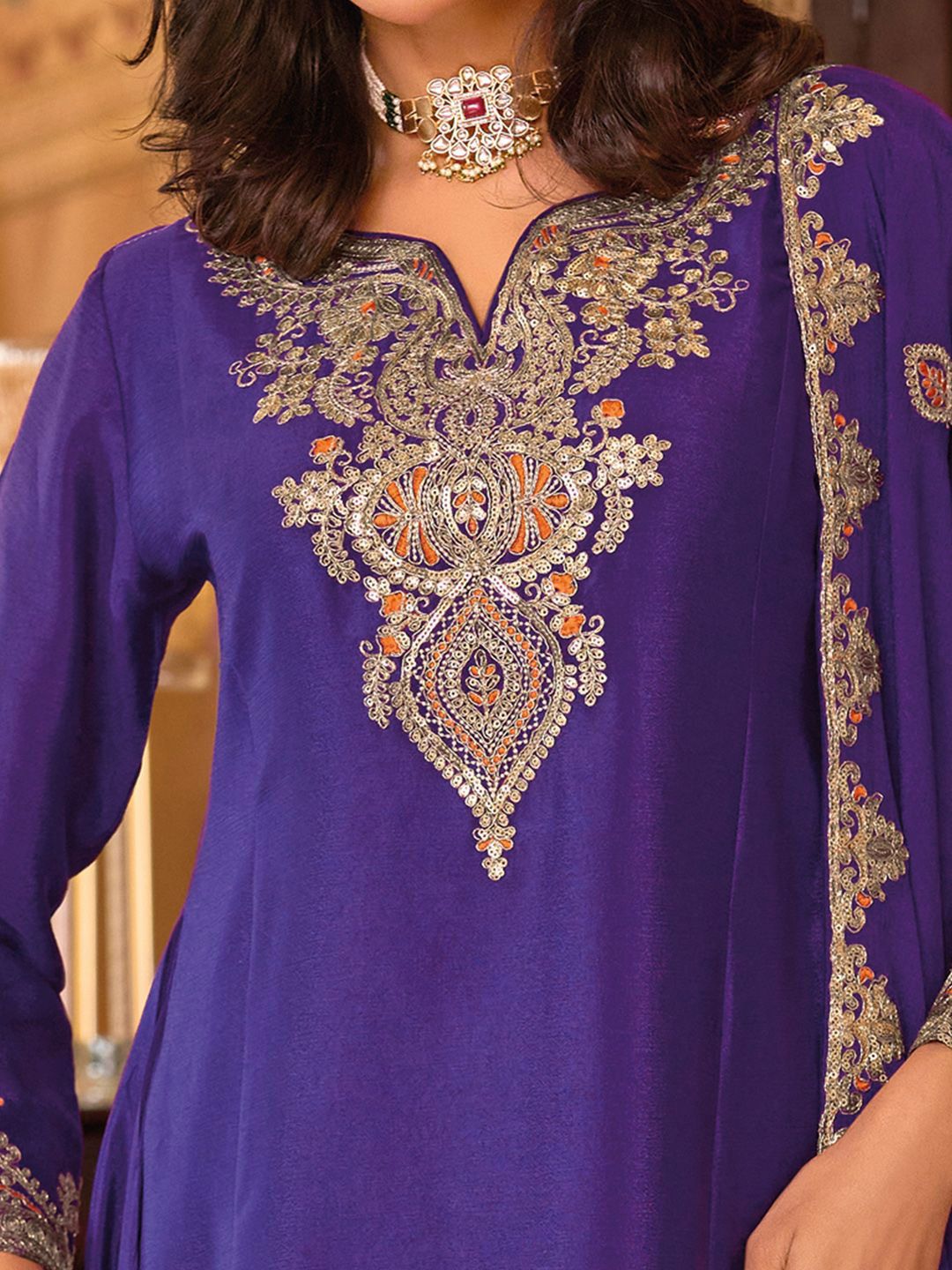 Floral Embroidered Sequinned Chinon A-Line Kurta With Palazzos & Dupatta