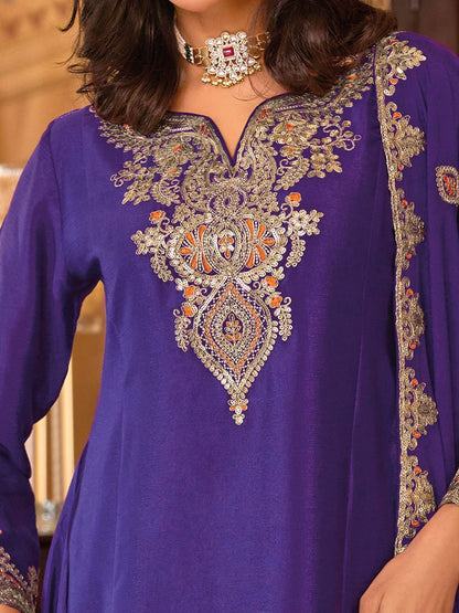 Floral Embroidered Sequinned Chinon A-Line Kurta With Palazzos & Dupatta