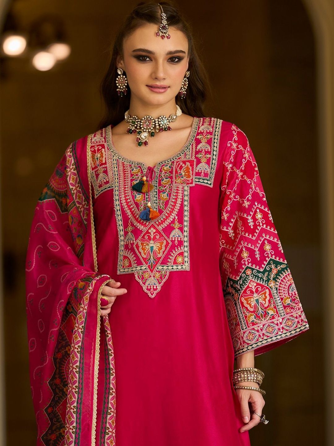 Ethnic Motifs Embroidered Notch Neck Thread Work Kurta With Trousers & Dupatta