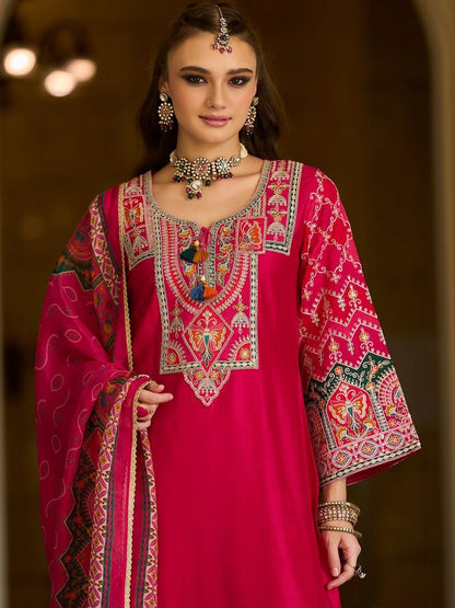 Ethnic Motifs Embroidered Notch Neck Thread Work Kurta With Trousers & Dupatta