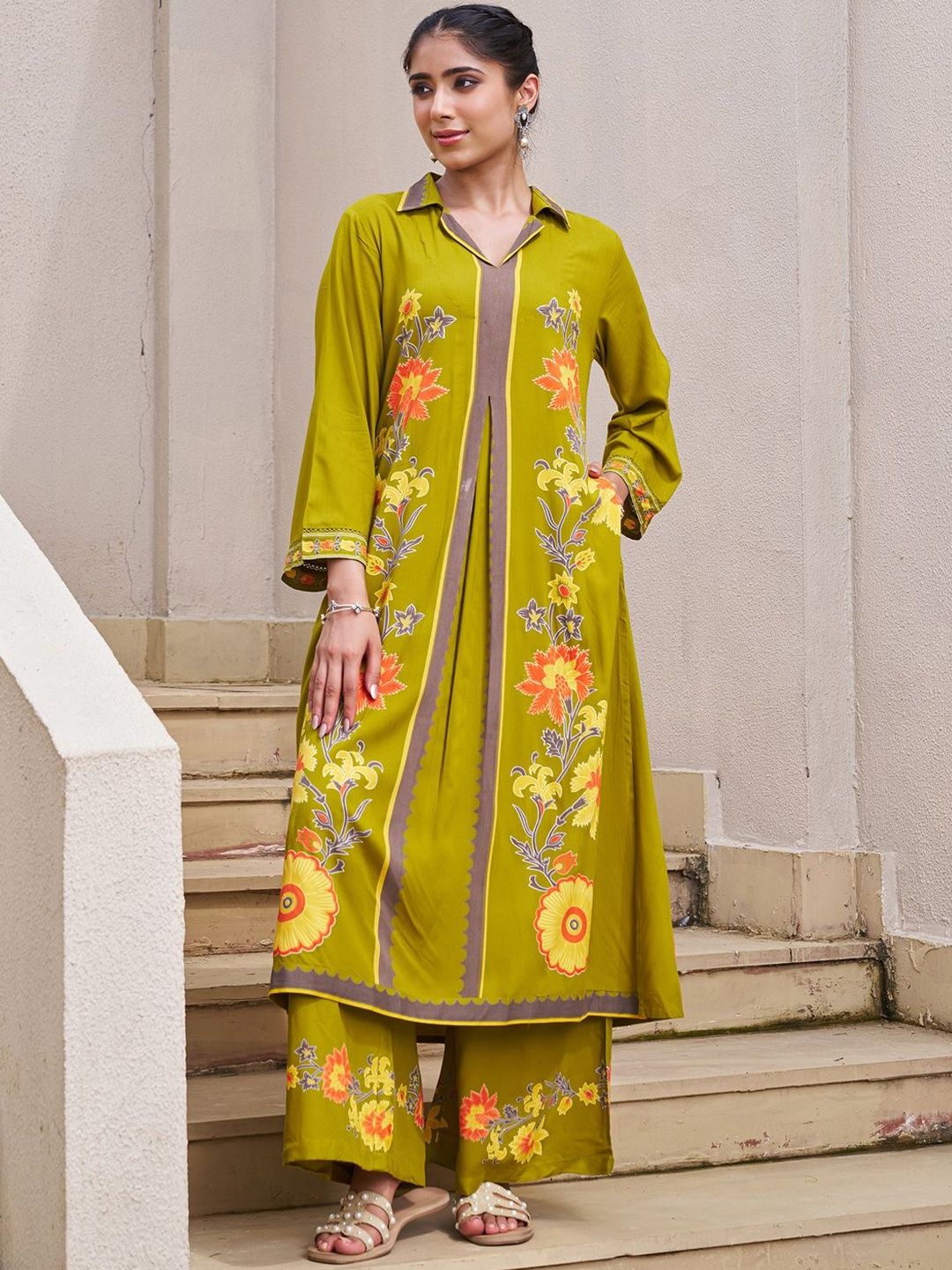 Women Floral Printed Shirt Collar Straight Kurta with Palazzos