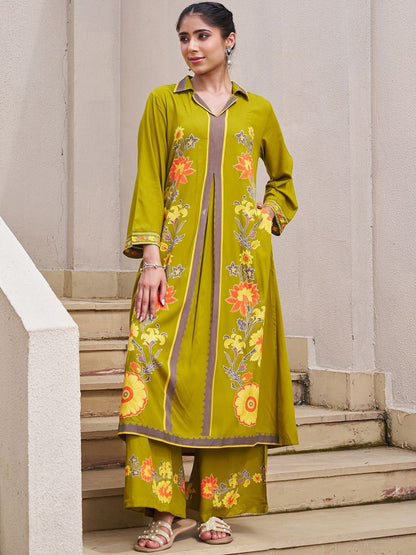 Women Floral Printed Shirt Collar Straight Kurta with Palazzos