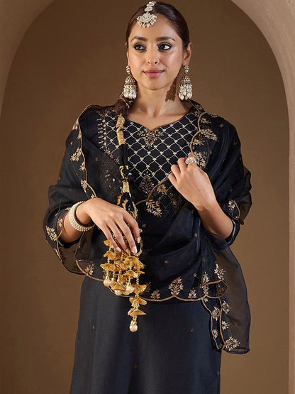 Women Ethnic Motifs Embroidered Regular Thread Work Liva Kurta with Trousers & With Dupatta