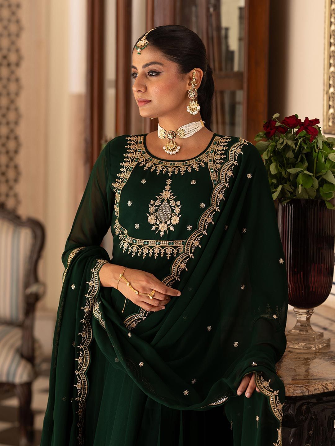 Dhiyona CH Women Floral Embroidered Pleated Mirror Work Kurta with Trousers & Dupatta