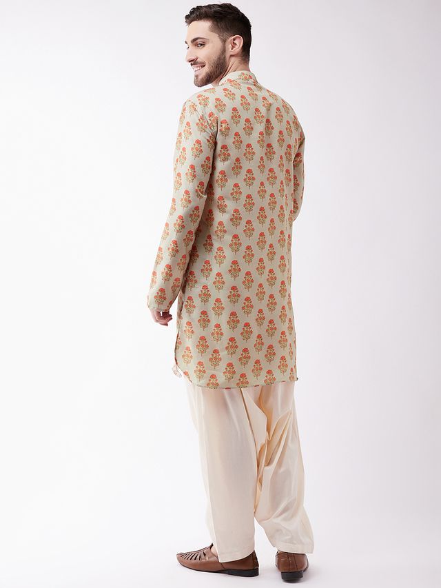 Men's MulticolorBaseBeige Muslin Pathani Kurta and Patiala Set
