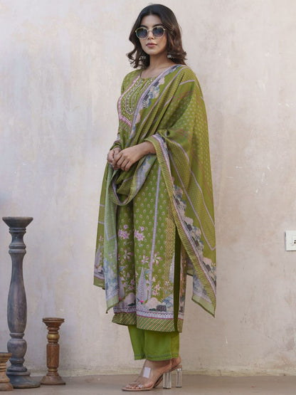 Dhiyona SN Women's Floral Printed Keyhole Neck Muslin Straight Kurta With Trouser & Dupatta