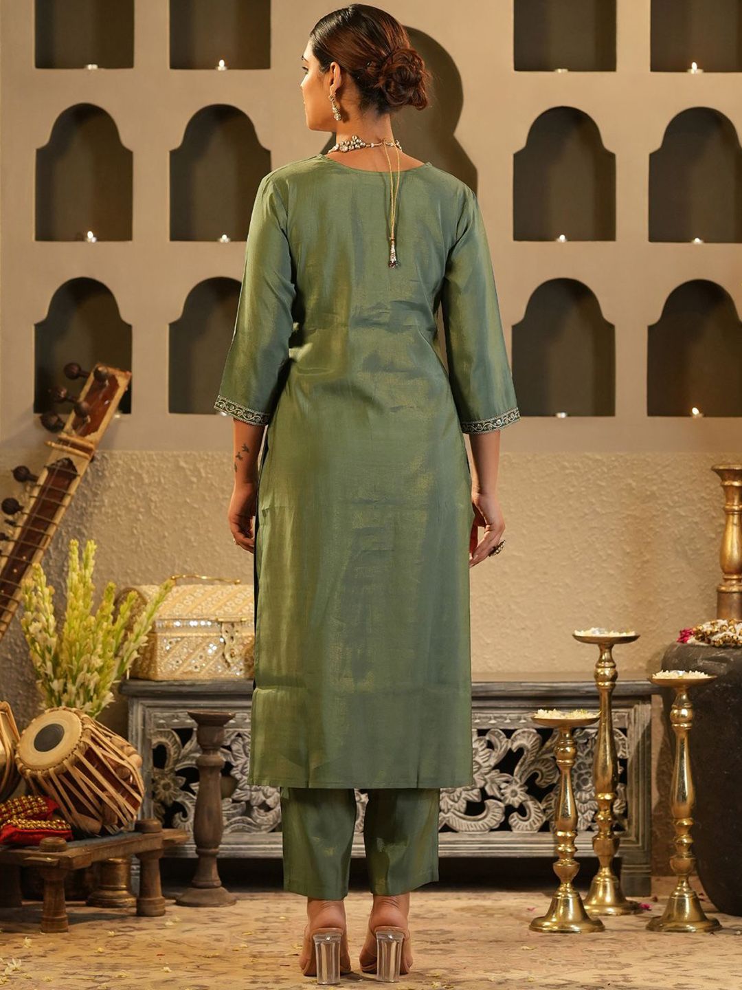 Women Woven Design Embroidered Kurta with Trousers