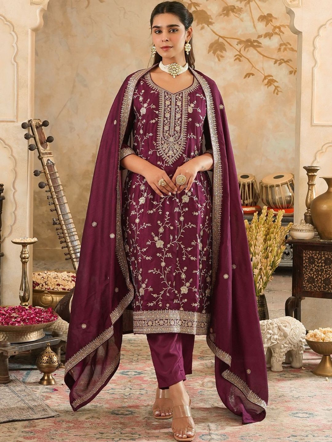 Floral Embroidered Kurta With Trouser & With Dupatta