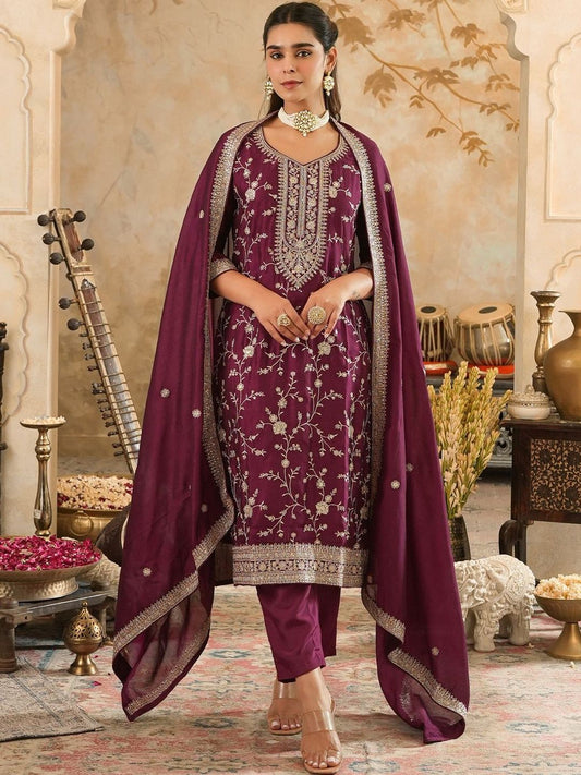 Floral Embroidered Kurta With Trouser & With Dupatta