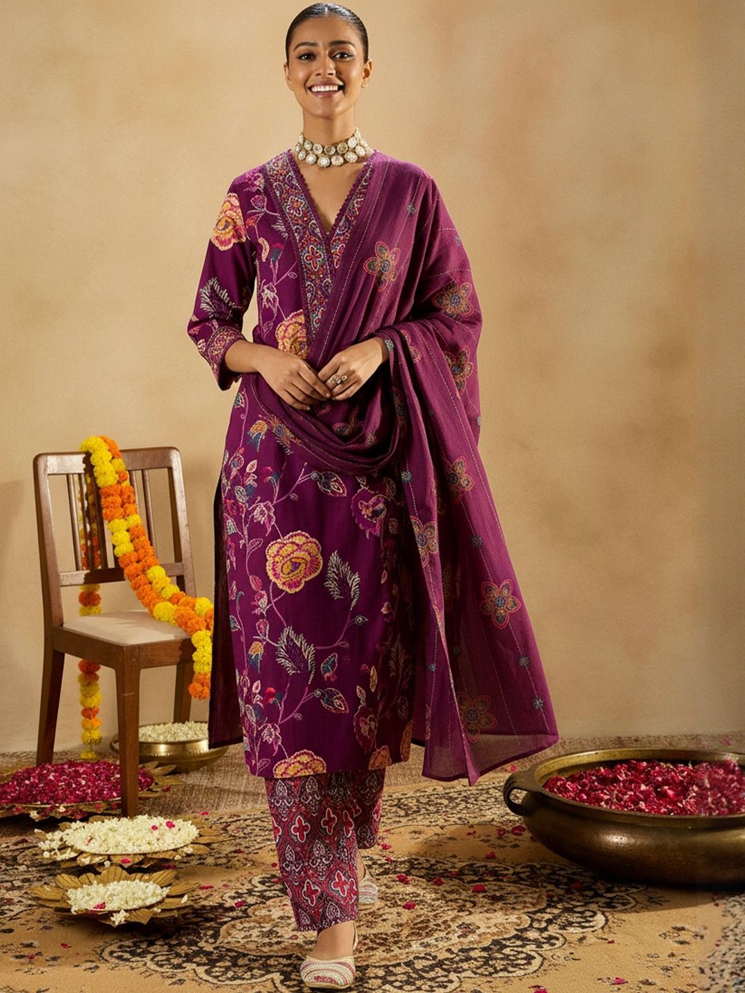 Floral Printed Regular Pure Cotton Straight Kurta with Trousers & With Dupatta