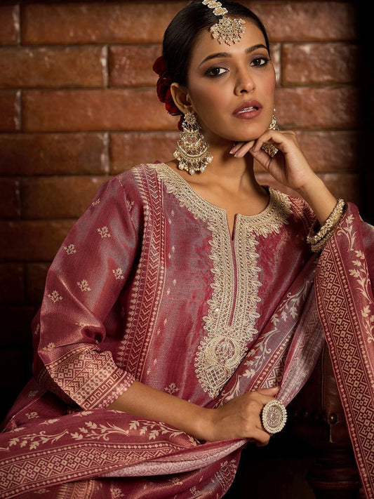 Dhiyona IE Floral Zari Embroidered Straight Kurta with Trouser & Dupatta