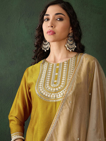 Dhiyona SN Women's Mustard Yellow Floral Embroidered Zari A-line Kurta With Trousers & Dupatta