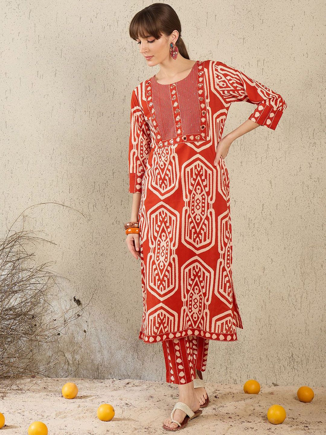 Dhiyona IE Women Printed Round Neck Cotton Top and Trousers Co-Ords