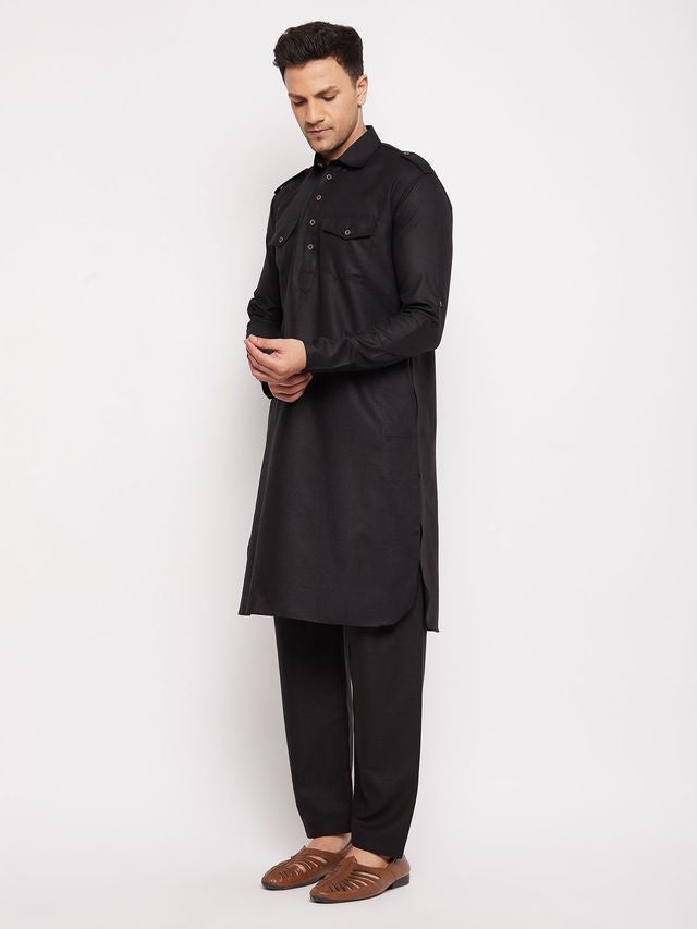 Men's Black Cotton Blend Pathani Pathani Kurta Set